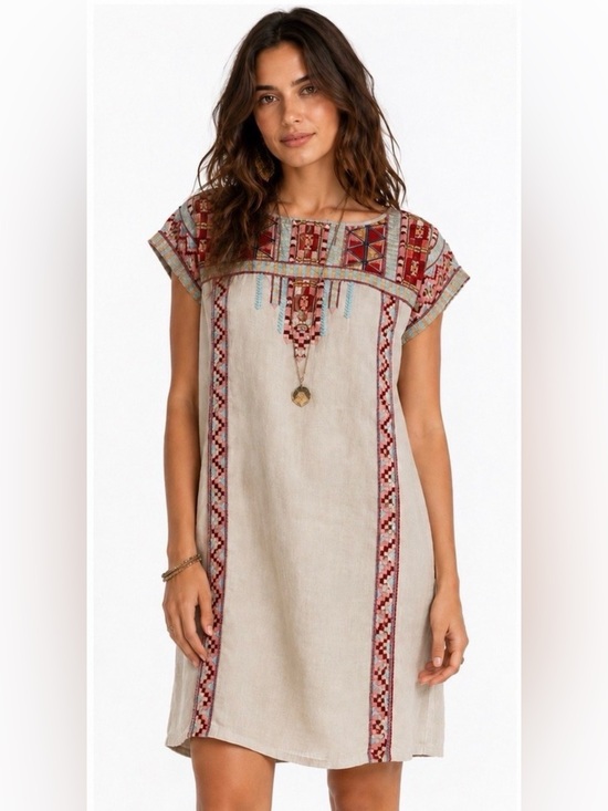 Johnny Was Tops - Johnny Was Ezra 100% Linen Embroidered Shift Tunic Dress Small Boho